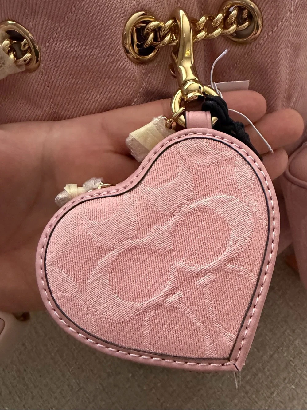 Coach Pink Denim Heart Charm Keychain Bag